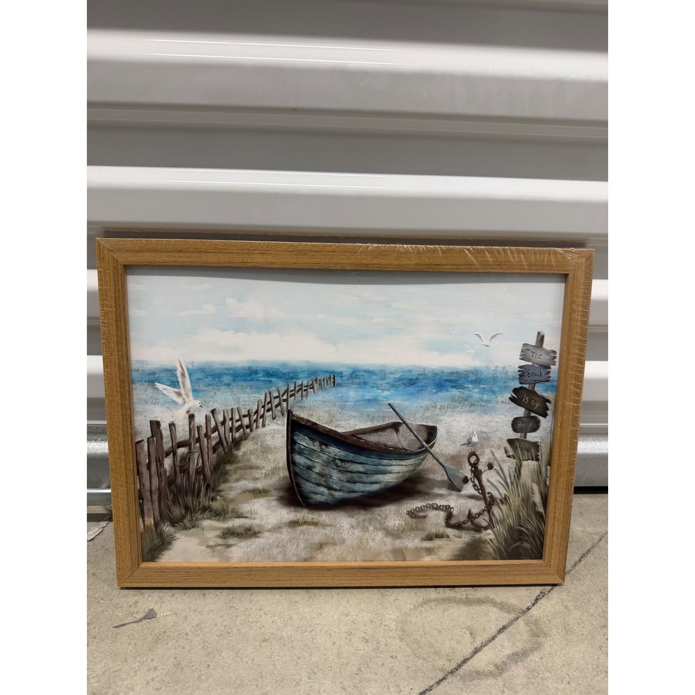 Coastal Beach Scene Framed Canvas Wall Art Rowboat Anchor Nautical Decor 12x16